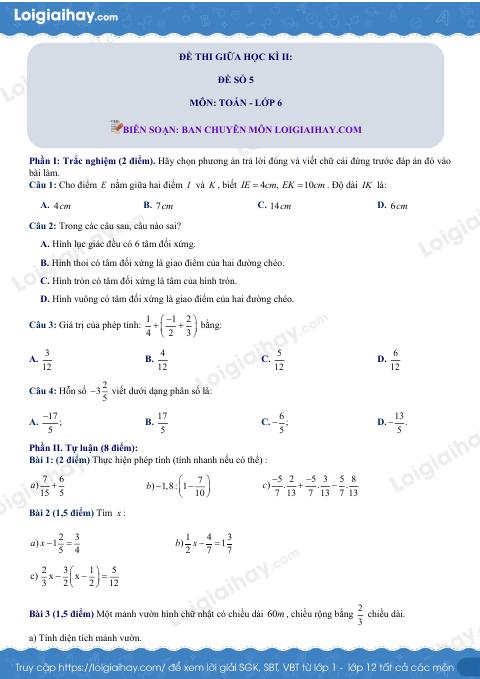 Đề thi giữa kì 2 Toán 6 - Đề số 5 - Chân trời sáng tạo